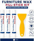 Quick Fix Wood Filler Sticks 3 Pack That Smooth Out Scratches Like A Charm With A Tough Waterproof Putty Formula Designed For Hassle Free Diy Repair And Flawless Results set with three white wax sticks and a yellow applicator.