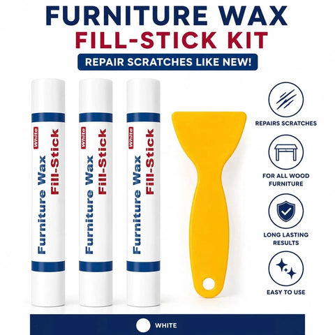 Quick Fix Wood Filler Sticks 3 Pack That Smooth Out Scratches Like A Charm With A Tough Waterproof Putty Formula Designed For Hassle Free Diy Repair And Flawless Results set with three white wax sticks and a yellow applicator.