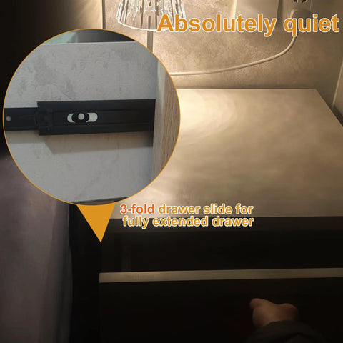 11 Inch Full Extension Drawer Slide With Triple Fold Ball Bearing And Soft Close, mounted under a dresser drawer, illuminated view.