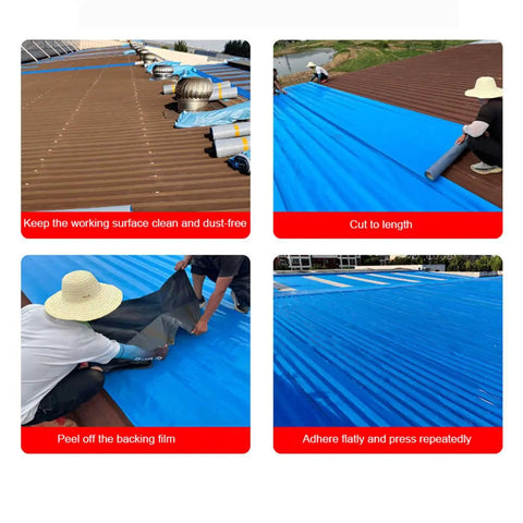 Workers applying Tough As Nails Blue Self Adhesive Roof Leak Stopper Tape For Asphalt Shingles, showing cut length and adhesion process.