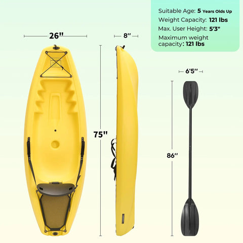 Compact 6.5 Ft Sit In Recreational Kayak With Paddle For One Person Easy Load Hard Shell Ocean Boat top view with dimensions