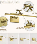 Brass Gold LED Picture Light With Adjustable Swing Arm For Paintings, 15.5 Inch, showing 180° tilt and 270° wall rotation details.