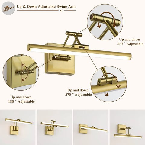 Brass Gold LED Picture Light With Adjustable Swing Arm For Paintings, 15.5 Inch, showing 180° tilt and 270° wall rotation details.