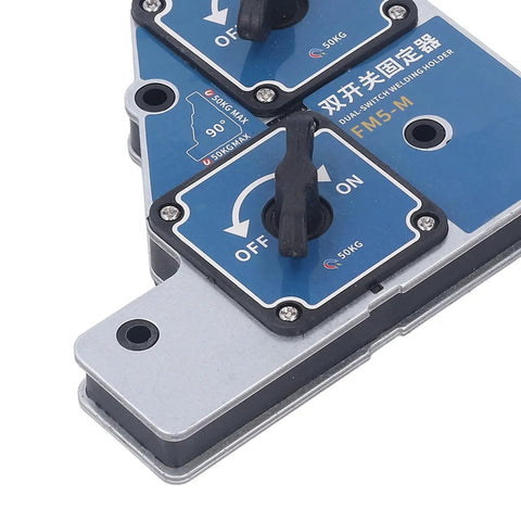 Heavy Duty Magnetic Welding Clamp With Dual Switch Control Holds 50KG, showcasing dual toggle switches for easy operation.