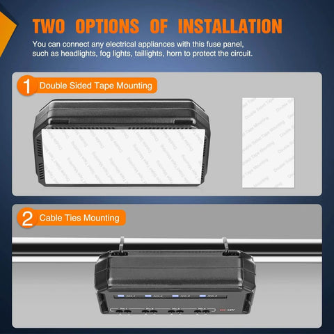 12V Motorcycle Fuse Box With 20A Low Profile Terminal Block And LED Indicator, dual installation methods shown with tape and cable ties