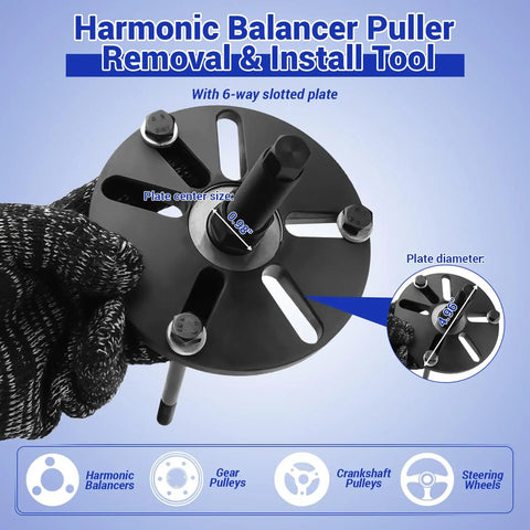 59 Piece Harmonic Balancer Puller And Installer Kit for crankshaft pulleys, close-up of slotted plate with size details