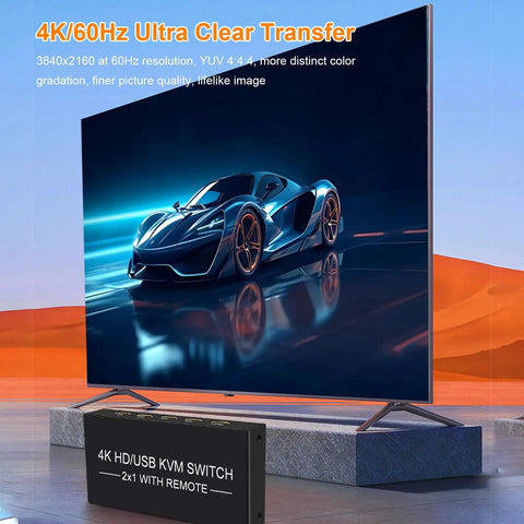 4K HDMI KVM Switch For Dual Computers Seamlessly Share One Monitor With USB 3.0 Hub Quick Toggle Keyboard And Mouse Printer On Windows Linux PS5 Xbox showing ultra clear image of a sports car on screen.