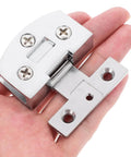 Heavy Duty No Drill Stainless Steel Glass Door Hinge With Adjustable Angle For Frameless Tempered Glass Doors And Display Cabinets Easy Install Smooth Operation Built To Last, close-up on hand