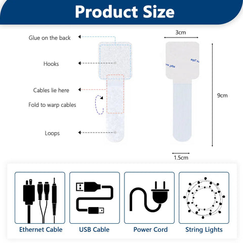 Diagram showing dimensions of white hook and loop cable tie, part of 50 Pack Hook And Loop Cable Ties For Under Desk Cable Management.