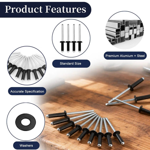 Nine Hundred Seventy Piece Assorted Pop Rivets With Washers Kit Includes Solid Aluminum Blind Rivets In Four Exact Sizes placed around a wooden surface.