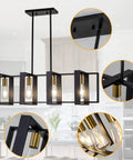 Farmhouse Kitchen Island Lighting Black Chandelier Set With Wooden Rectangular Frame Ideal For Dining Room Ceiling Hanging Industrial Four Light Pendant Fixtures Over Table In Rustic Modern Style.