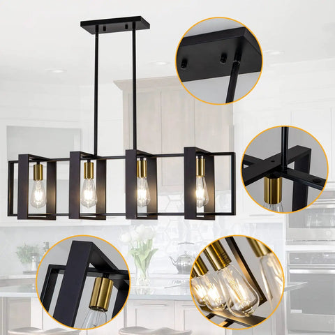 Farmhouse Kitchen Island Lighting Black Chandelier Set With Wooden Rectangular Frame Ideal For Dining Room Ceiling Hanging Industrial Four Light Pendant Fixtures Over Table In Rustic Modern Style.