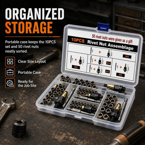 Rivet Nut Tool Kit For M3 Through M8 In Carbon Steel, Manual Rivnut Set For Automotive Repairs, Metalworking, And DIY Projects, Includes Commonly Used Sizes M3 M4 M5 M6 M8 For Fast And Durable Threaded Inserts. Organized case with M3-M8 rivet nuts