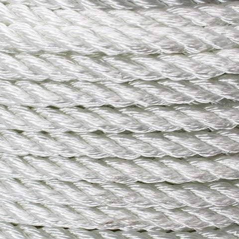 Close-up of One Quarter Inch Nylon Rope Three Strand Twisted Nylon And Polyester Blend Heavy Duty Cord, showcasing texture and weave.