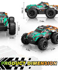 All Terrain One Sixteenth Scale RC Monster Truck With LED Lights, Rechargeable Battery, product dimensions display