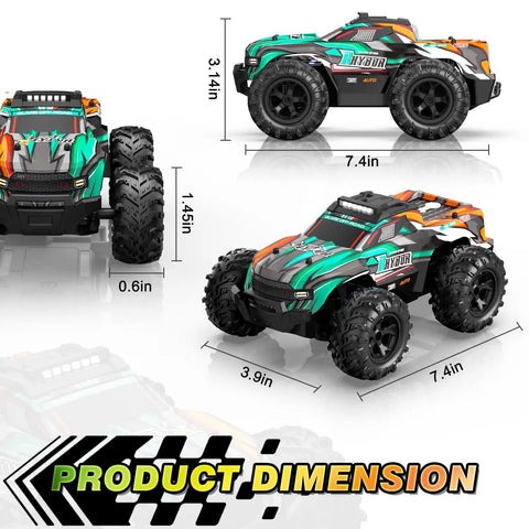 All Terrain One Sixteenth Scale RC Monster Truck With LED Lights, Rechargeable Battery, product dimensions display