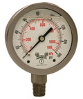 Front view of 2.5 Inch Dial Liquid Filled Industrial Pressure Gauge with Rugged Stainless Steel Case, Dual Scale 0 to 160 Psi and KPa.