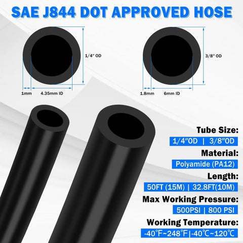 Image of 55 Piece Air Line Tubing Kit With 1/4 And 3/8 Inch DOT Air Lines showcasing tube sizes and material details.