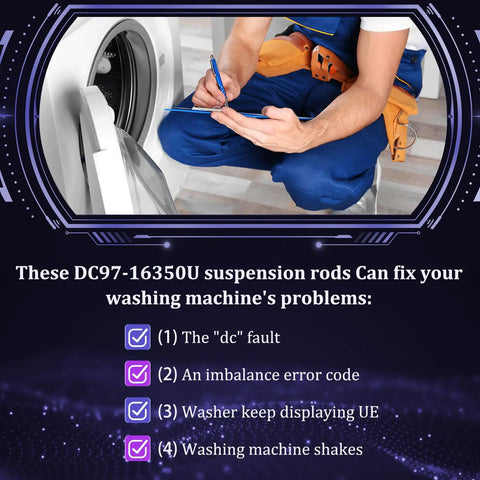 Person inspecting washer with text about Direct Fit Washer Suspension Rods Replacement For WA Series Front Load Washers.