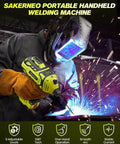 Grab And Go 110V Stick Welder With IGBT Inverter in use on metal, welder wearing protective gear, sparks visible
