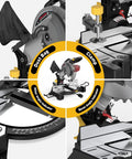 Heavy Duty 10 Inch Compound Miter Saw Boasting A Beefy 15 Amp Motor Cruising At 5000 Rpm For Silky Smooth Cuts On Wood Metal Plastic And Laminates Featuring Single Bevel 0 To 45 Degree Angles Wide Extension Table Plus 36 T Blade close-up of dust bag and clamp features.
