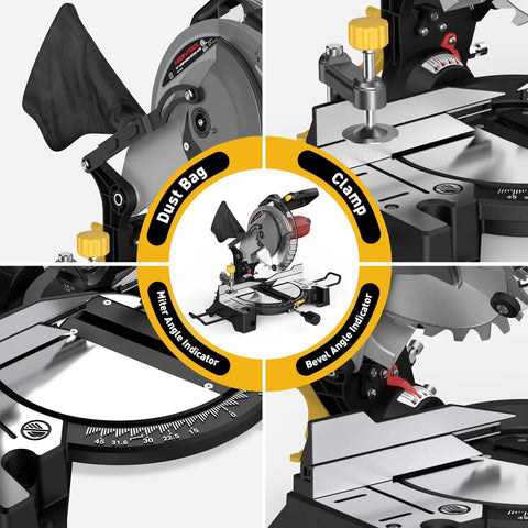 Heavy Duty 10 Inch Compound Miter Saw Boasting A Beefy 15 Amp Motor Cruising At 5000 Rpm For Silky Smooth Cuts On Wood Metal Plastic And Laminates Featuring Single Bevel 0 To 45 Degree Angles Wide Extension Table Plus 36 T Blade close-up of dust bag and clamp features.