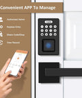Keyless Entry Door Lock With Two Lever Handles, Fingerprint Entry Handleset, Digital Keypad Deadbolt With App, Auto Lock And One Touch Locking, Front Smart Door Handle Set, Black, No Fuss Easy To Use showing an app-enabled touchscreen pad and sleek black handle.