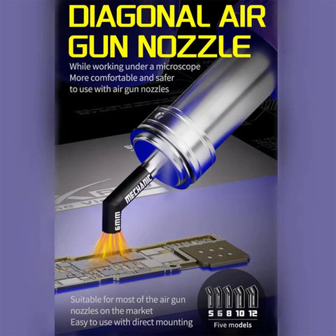 Diagonal Hot Air Gun Nozzle Kit Set With Five Sizes 5mm 6mm 8mm 10mm 12mm in use on a PCB for precise oblique angle heating