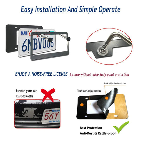 Anti Theft License Plate Frame Kit With Tamper Proof Hardware illustrating easy installation and noise-free use.