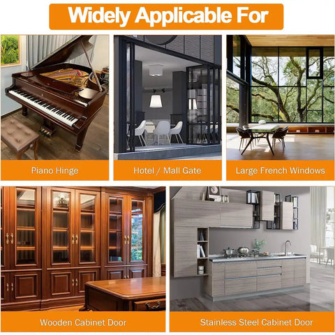 Image showing applications of Premium 6 Inch Heavy Duty Piano Hinge Set Built Tough From 304 Stainless Steel for various doors.