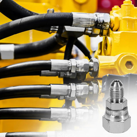 Heavy Duty Hydraulic Fitting Built To Last One Quarter Inch Male JIC To Three Eighth Inch Female JIC Swivel Carbon Steel SAE Compliant With Seven Sixteen Inch Twenty Thread And Nine Sixteen Inch Eighteen Female Threads installed on hydraulic hoses