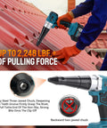 Using Portable Cordless Brushless Rivet Gun With Automatic Operation on metal roof, showing 2248 lbf pulling force feature