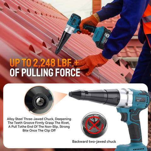 Using Portable Cordless Brushless Rivet Gun With Automatic Operation on metal roof, showing 2248 lbf pulling force feature