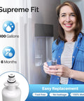 Woman holding glass of water by fridge with Replacement Refrigerator Water Filter For LG LT700P And Kenmore Elite 9690