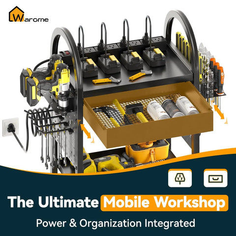 Power Tool Organizer Cart With Dual-Sided Drawers On Wheels Featuring 8-Outlet Charging Station And Pegboard Accessories