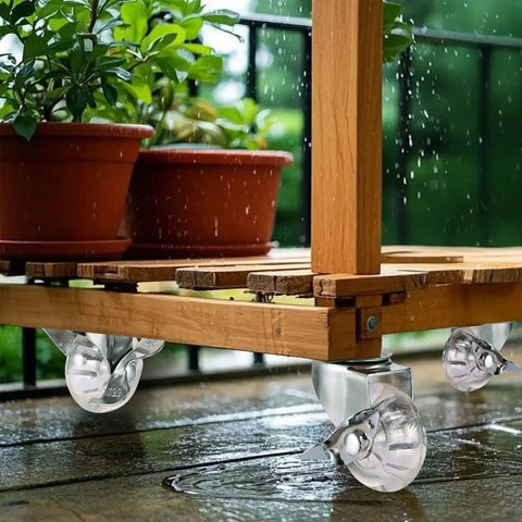 Heavy Duty 2 Inch Swivel Caster Wheels With Side Brake And M8 X 15Mm Stem, Clear Polyurethane Treads on plant stand.
