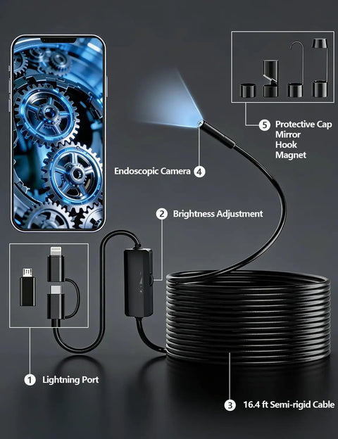 Endoscope Camera 5.5mm with 1920P HD Borescope, 8 Adjustable LED Lights, Semi-Rigid Snake Cable, IP67 Waterproof, 16.4ft Cable, Single Lens, Works with iOS and Android, Plug And Play Via UseePlus App showing Lightning port and 16.4 ft semi-rigid cable