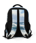 Back view of Coastal Beach Seascape Printed Unisex Backpack with large capacity showing ocean waves design on straps.