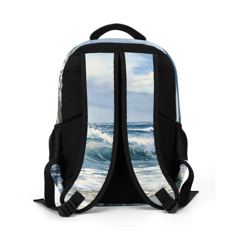 Back view of Coastal Beach Seascape Printed Unisex Backpack with large capacity showing ocean waves design on straps.