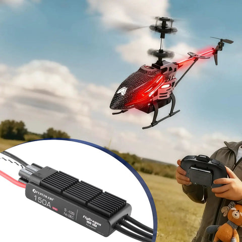 Lite-32 150A HV Opto RC ESC for Airplanes and Helis, Brushless Speed Controller installed in red helicopter, outdoors use