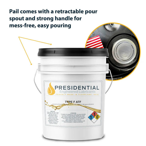 Type F Automatic Transmission Fluid 5 Gallon with retractable spout for easy pouring and strong handle, designed for vintage rides.