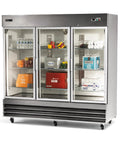 Commercial 3 Glass Door Refrigerator Boasting A Massive 72 Cubic Foot Layout Built From Premium Stainless Steel displaying various food items.