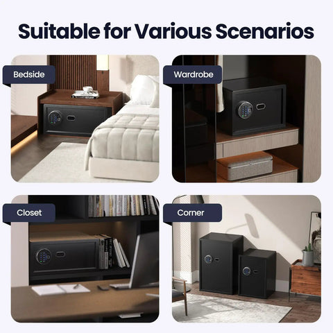 Smart Biometric Safe With Fingerprint Lock, Silent Mode, in varied home scenarios: bedside, wardrobe, closet, corner placement