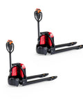 Powerhouse Full Electric Pallet Jack Bundle With Amps Boosting 4800 Lbs Capacity And 48 Inch Forks Plus Huge 48 Volt Lithium Battery in red and black