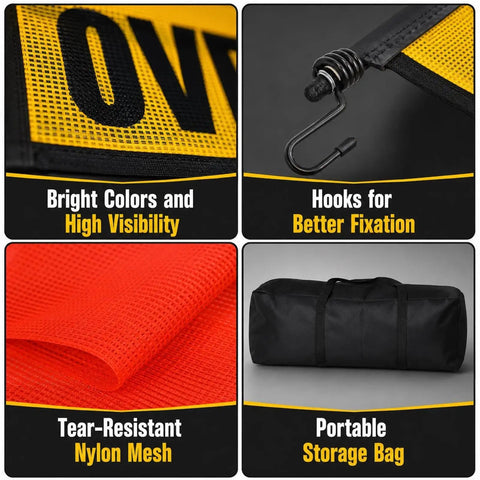 Complete 37 Piece Oversize Load Sign Kit with 4 banners, red mesh, fixation hooks, and storage bag for safer hauling.