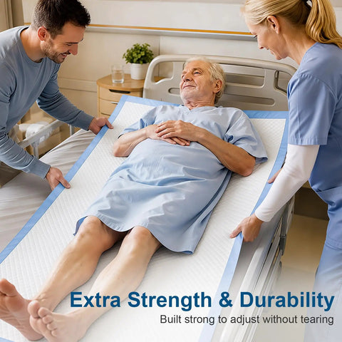 Straight Up Heavy Duty Adult Bed Pads 36 X 72 Inches 20 Count Disposable Incontinence Underpads positioned on a bed for senior care.
