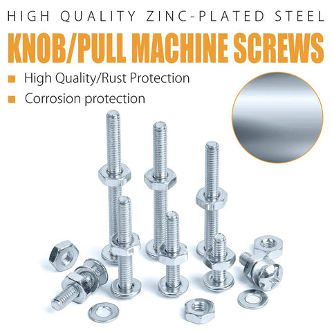 Number 8 32 Phillips Head Machine Screw Assortment Kit With Zinc Plated Steel Bolts Nuts And Washers For Cabinet Doors And Drawers 705 Piece showing zinc-plated machine screws and nuts.