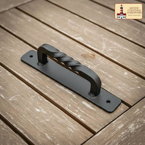 Premium Solid Heavy Duty Rustic Twisted Barn Door Handles In Black Wrought Iron Six Inch farm style cabinet pull on wood