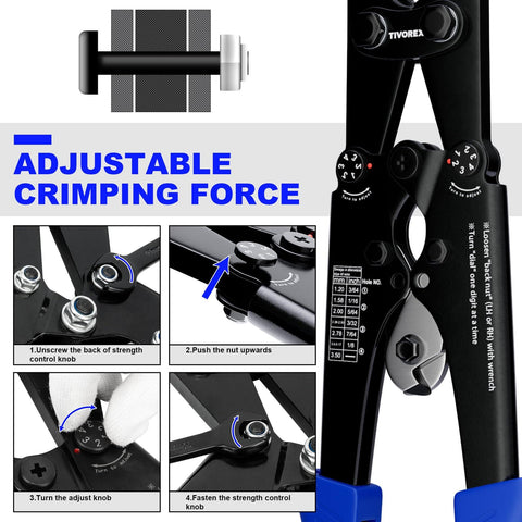 Wire Rope Crimping Tool Kit With Built In Cutter And Swaging Tool Pro Grade Crimp Loop Sleeve from 3/64 Inch to 1/8 Inch instructions