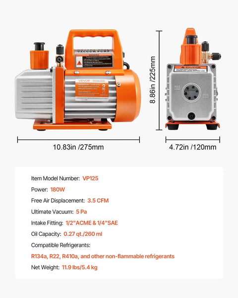 Rock Solid 3.5 CFM Vacuum Pump Single Stage Rotary Vane Hvac Tool with oil catch bottle, 10.83in long, 8.86in high.